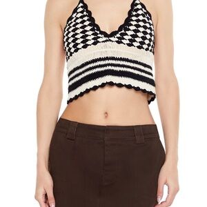 Black-and-white sweater-knit crochet halter top